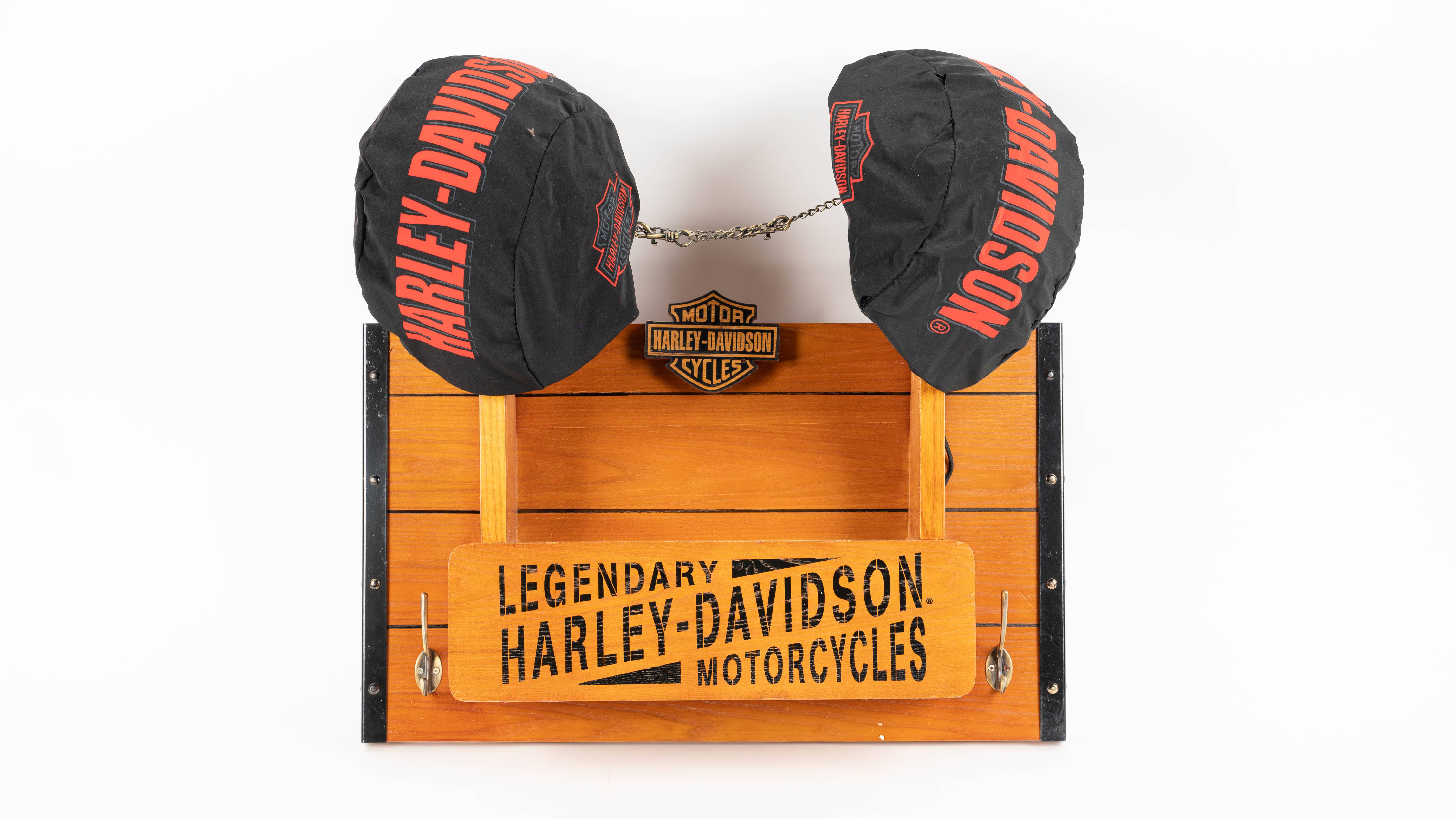 Harley-Davidson Legendary Oak Helmet Rack with Two Helmets Auction