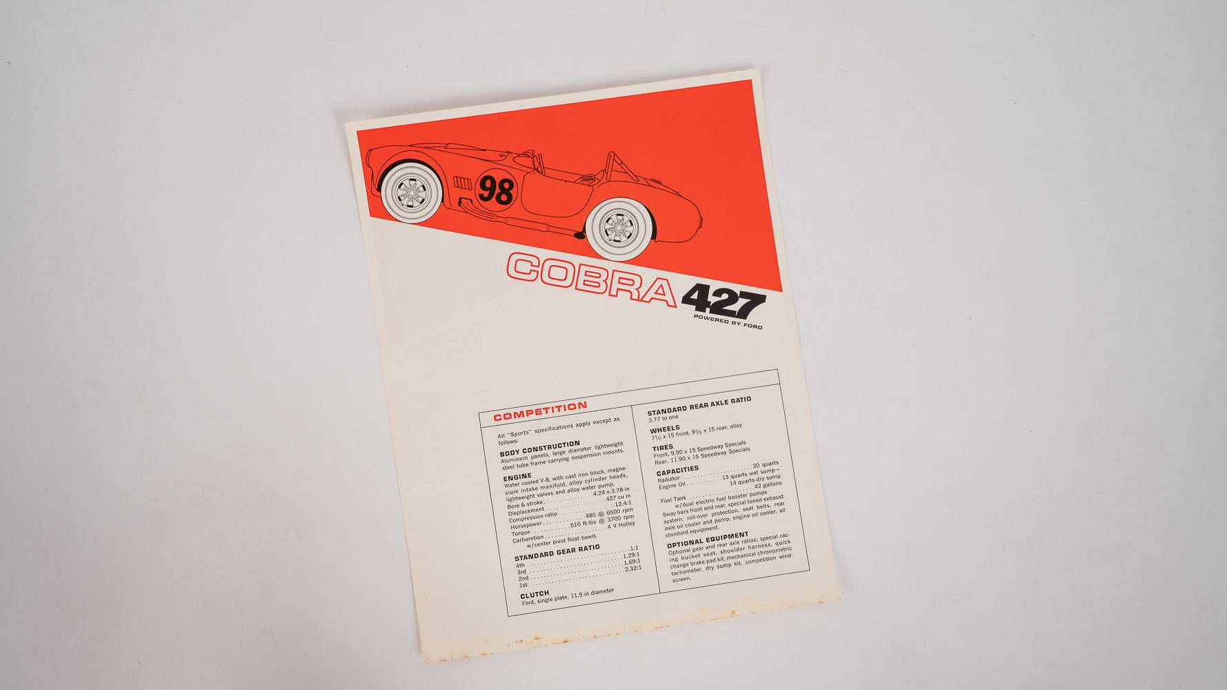 1965 Cobra 427 Double-Sided Specification Sheet Showroom Brochure