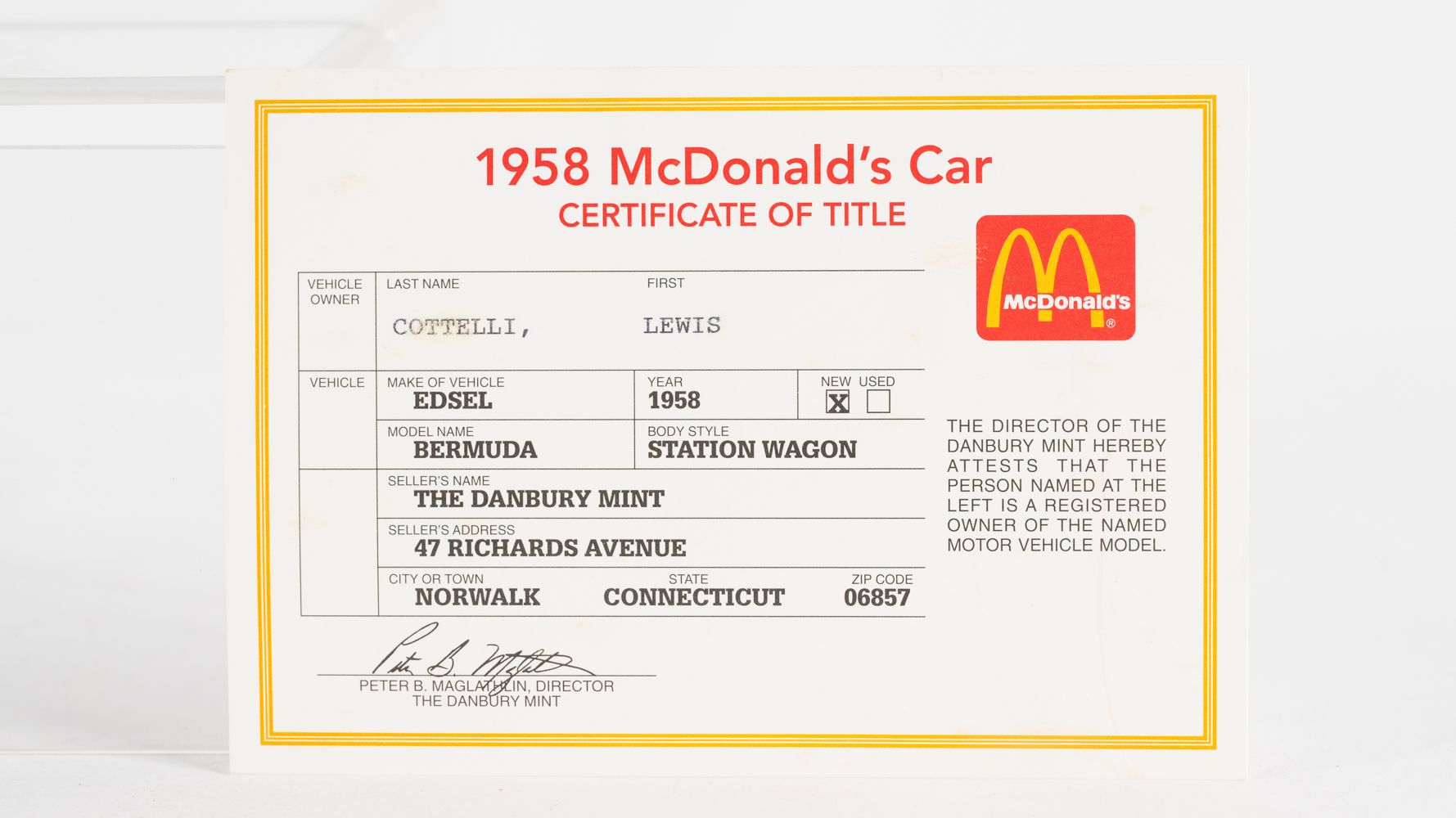The Danbury Mint 1958 McDonald's Car Auction | Mecum On Time